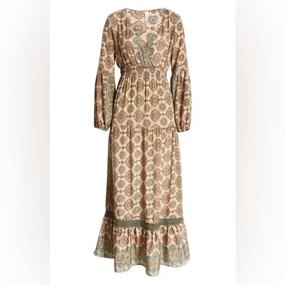 Raga NWT Kasi Long Sleeve Ruffle Maxi Dress Size S Mandala Lace Smocked Boho - Picture 4 of 6